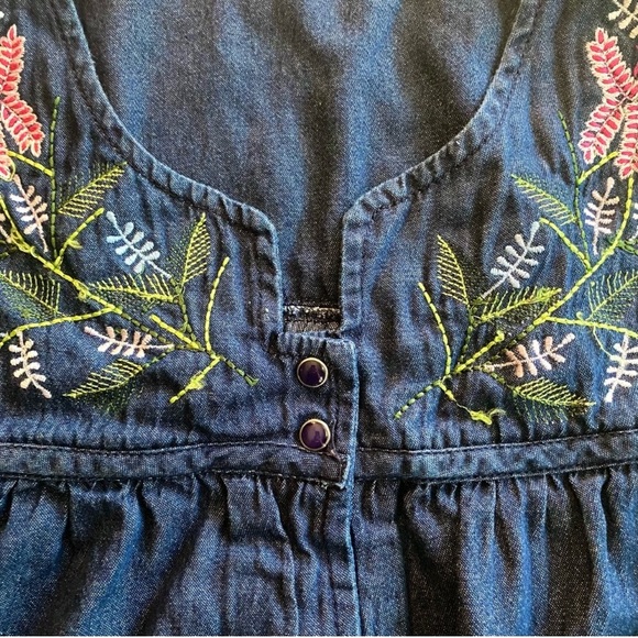 Vintage 90s Denim Embroidered  Snap Front Midi Dress L Loose Fit Short Sleeve - Picture 5 of 8